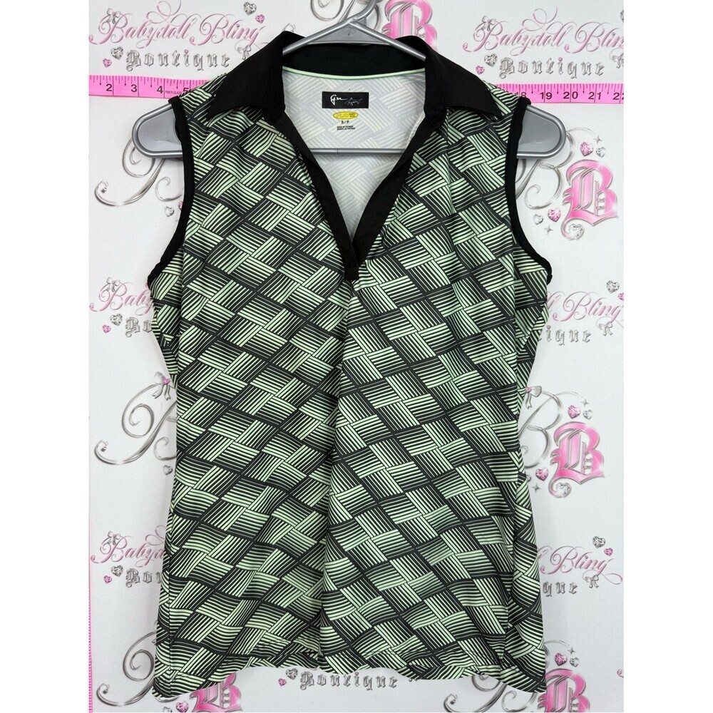 Greg Norman Collection Black and Light Green Geometric Sleeveless Polo Tank play